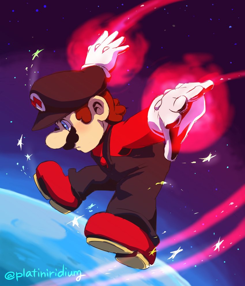 alternate_costume blue_eyes boots brown_hair facial_hair flying gloves glowing_hands highres male_focus mario mario_(series) mustache nintendo outstretched_arms overalls platiniridium red_boots red_shirt shirt simple_background solo space super_mario_galaxy super_smash_bros. white_gloves