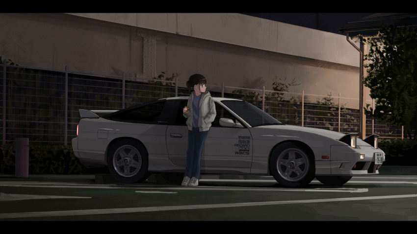 1girl absurdres black_hair blue_pants blue_shirt bush can car commentary_request drink drink_can fence full_body highres holding holding_drink hood hoodie leaning_back letterboxed license_plate long_sleeves looking_to_the_side motor_vehicle night night_sky nissan nissan_180sx open_clothes open_hoodie original outdoors pants parking_lot ponytail rudeko32 shirt shoes short_hair sky sneakers soda_can solo sports_car sticker tree vehicle_focus white_hoodie white_shoes wide_shot