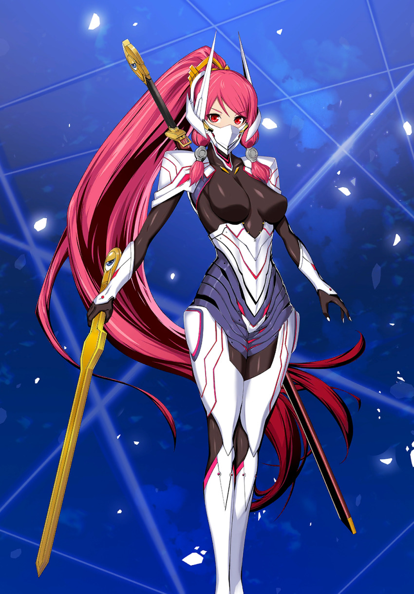 1girl animal_ears armor black_bodysuit blazblue blazblue:_bloodedge_experience blazblue:_central_fiction blazblue_alternative:_dark_war blue_background bodysuit breasts detached_sleeves golden_sword hair_ornament hair_tubes highres katana large_breasts long_hair mask mori_toshimichi mouth_mask official_art pauldrons ponytail red_eyes red_hair shoulder_armor solo sword tokiwa_camellia trail tsubaki_yayoi very_long_hair weapon white_armor white_justice white_justice