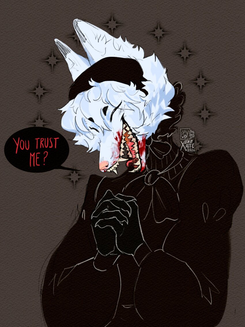 1girl animal_ears ascot black_dress black_gloves blood blood_on_mouth dress english_text fang gloves highres implied_cannibalism original signature solo speech_bubble white_fur wolf_ears wolf_girl xenolatte