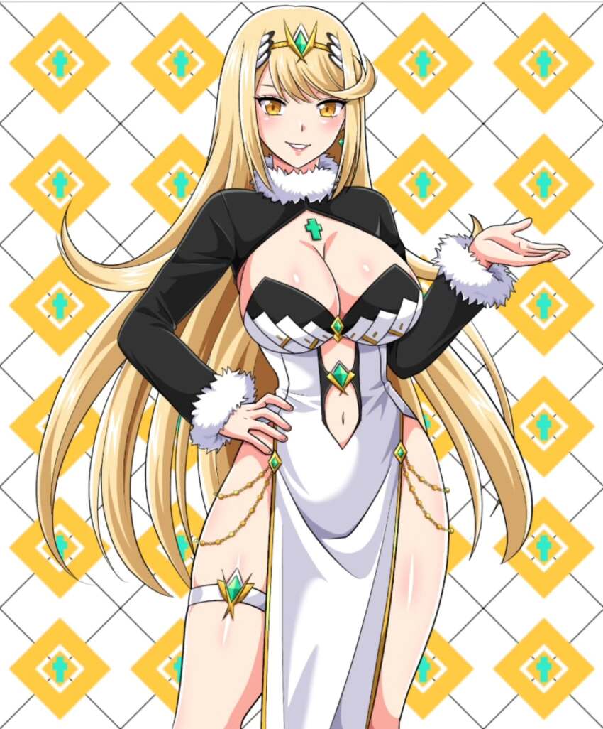 1girl black_shrug blonde_hair breasts cleavage clothing_cutout commentary contrapposto dress earrings english_commentary fur-trimmed_shrug fur_trim hand_on_own_hip heyreza.art highres jewelry large_breasts mythra_(xenoblade) navel navel_cutout pelvic_curtain plaid_background shrug_(clothing) solo strapless strapless_dress swept_bangs thigh_strap tiara white_dress xenoblade_chronicles_(series) xenoblade_chronicles_2 yellow_eyes