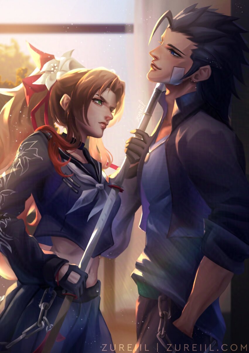 1boy 1girl aerith_gainsborough aerith_gainsborough_(midgard_seventh_high_school) bandaid bandaid_on_cheek bandaid_on_face black_choker black_gloves black_hair black_jacket black_pants black_sailor_collar black_serafuku black_skirt blue_eyes blue_shirt brown_hair chain_belt choker closed_mouth commentary cowboy_shot cropped_shirt delinquent english_commentary final_fantasy final_fantasy_vii final_fantasy_vii_ever_crisis flower from_side gakuran gloves green_eyes hair_flower hair_ornament hair_ribbon hair_slicked_back hand_in_pocket height_difference highres holding holding_weapon jacket lips looking_at_another midriff navel neckerchief official_alternate_costume open_clothes open_jacket pants ponytail profile red_ribbon ribbon sailor_collar school_uniform serafuku shirt skirt spiked_hair sukeban weapon white_flower white_neckerchief zack_fair zack_fair_(midgard_seventh_high_school) zureiil