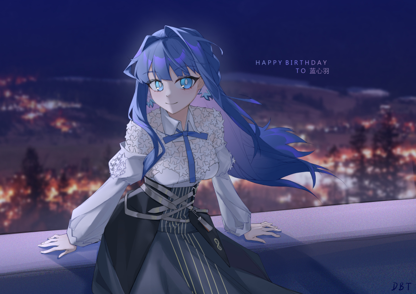 1girl absurdres arknights astesia_(arknights) blue_eyes blue_hair blue_skirt breasts bright_pupils collared_dress da_bantian dress happy_birthday highres layered_dress long_hair long_sleeves looking_at_viewer neck_ribbon rhine_lab_logo ribbon see-through_clothes see-through_shirt shirt skirt smile solo white_pupils white_shirt