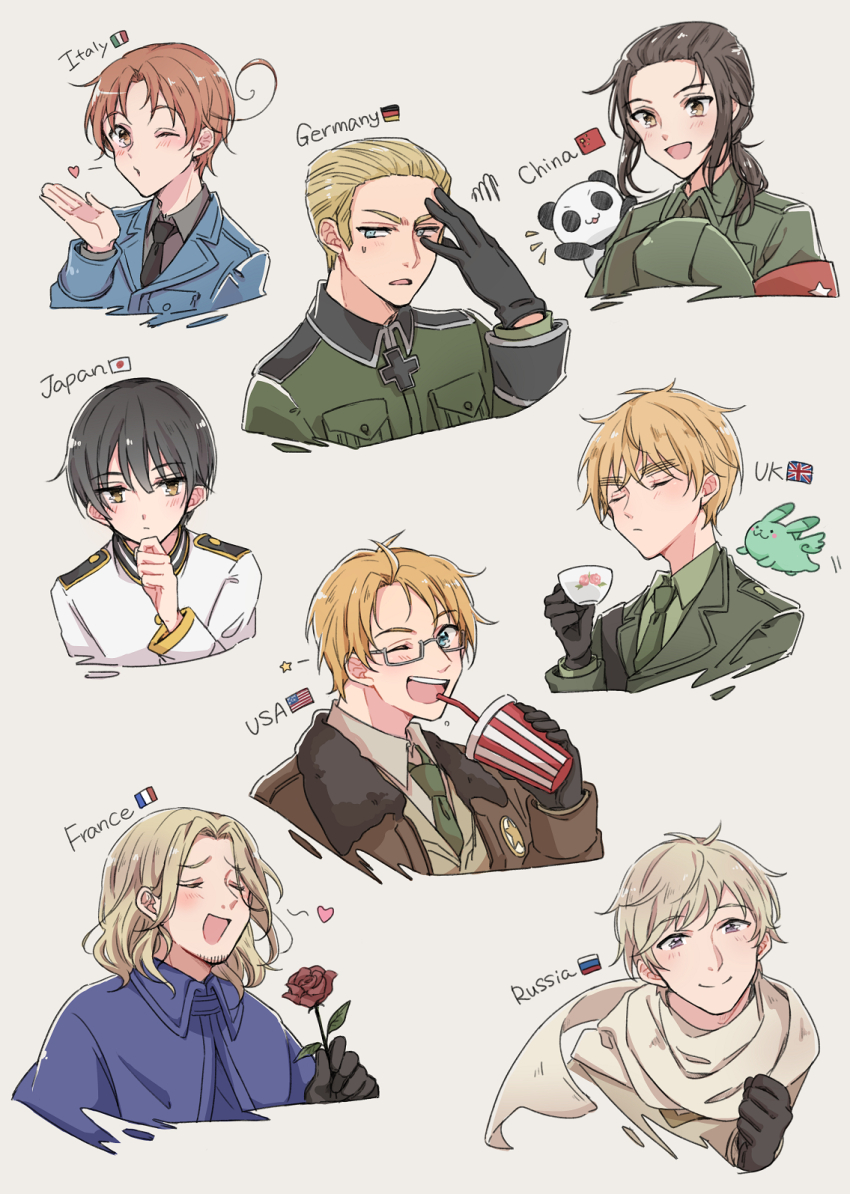 6+boys ahoge america_(hetalia) american_flag animal_ears armband axis_powers_hetalia black_gloves black_hair blonde_hair blue_capelet blue_eyes blue_jacket blush breast_pocket brown_hair brown_jacket buttons capelet china_(hetalia) clenched_hand closed_eyes closed_mouth coat collared_capelet collared_jacket commentary_request creature cross cup disposable_cup drinking_straw epaulettes facial_hair flower france_(hetalia) french_flag fur-trimmed_jacket fur_trim german_flag germany_(hetalia) glasses gloves green_jacket green_necktie green_shirt grey-framed_eyewear grey_background grey_coat grey_hair grey_shirt hand_on_own_chin hand_up heart highres holding holding_cup holding_flower iron_cross italian_flag jacket japan_(hetalia) japanese_flag lapels leaf long_hair looking_afar looking_at_viewer low_ponytail military_jacket multiple_boys nbsr necktie northern_italy_(hetalia) notice_lines one_eye_closed open_clothes open_jacket open_mouth orange_eyes panda panda_ears people&#039;s_republic_of_china_flag pocket ponytail purple_eyes rabbit_ears red_armband red_flower red_rose rose russia_(hetalia) russian_flag scarf semi-rimless_eyewear shirt short_hair simple_background smile squiggle star_(symbol) sweatdrop union_jack united_kingdom_(hetalia) upper_body white_jacket white_scarf wings yellow_eyes