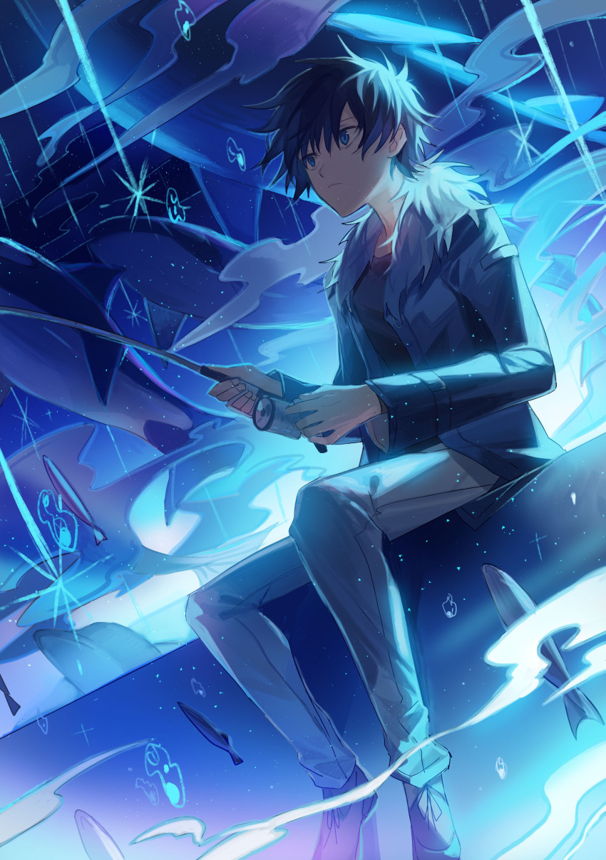 1boy absurdres black_hair black_jacket black_shirt blue_eyes blue_theme closed_mouth commentary_request fishing fishing_rod from_behind full_body fur-trimmed_jacket fur_trim grey_pants grey_shoes hair_between_eyes highres holding holding_fishing_rod jacket male_focus night open_clothes open_jacket orca original pants shirt shoes short_hair sitting solo star_(sky) tsugutoku