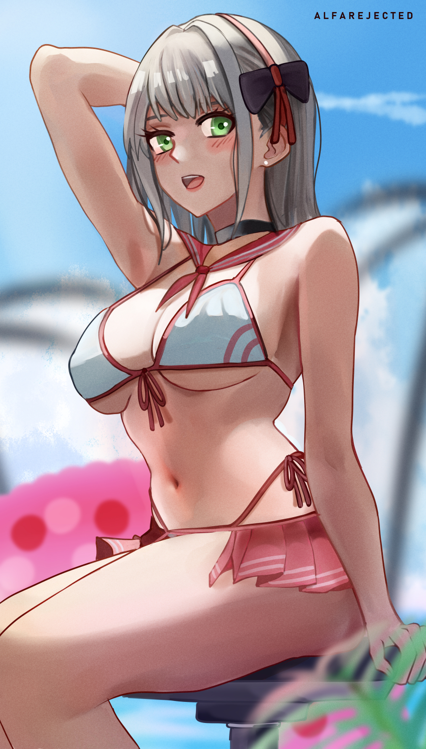 1girl absurdres alfarejected arm_behind_head arm_up artist_name beach bikini bikini_skirt black_choker blurry blush breasts choker cleavage depth_of_field front-tie_bikini_top front-tie_top goddess_of_victory:_nikke green_eyes grey_hair hair_ribbon highres large_breasts long_hair looking_at_viewer navel neon_(blue_ocean)_(nikke) neon_(nikke) official_alternate_costume open_mouth outdoors pink_bikini pink_innertube ribbon sailor_collar side-tie_bikini_bottom sitting solo swimsuit white_bikini
