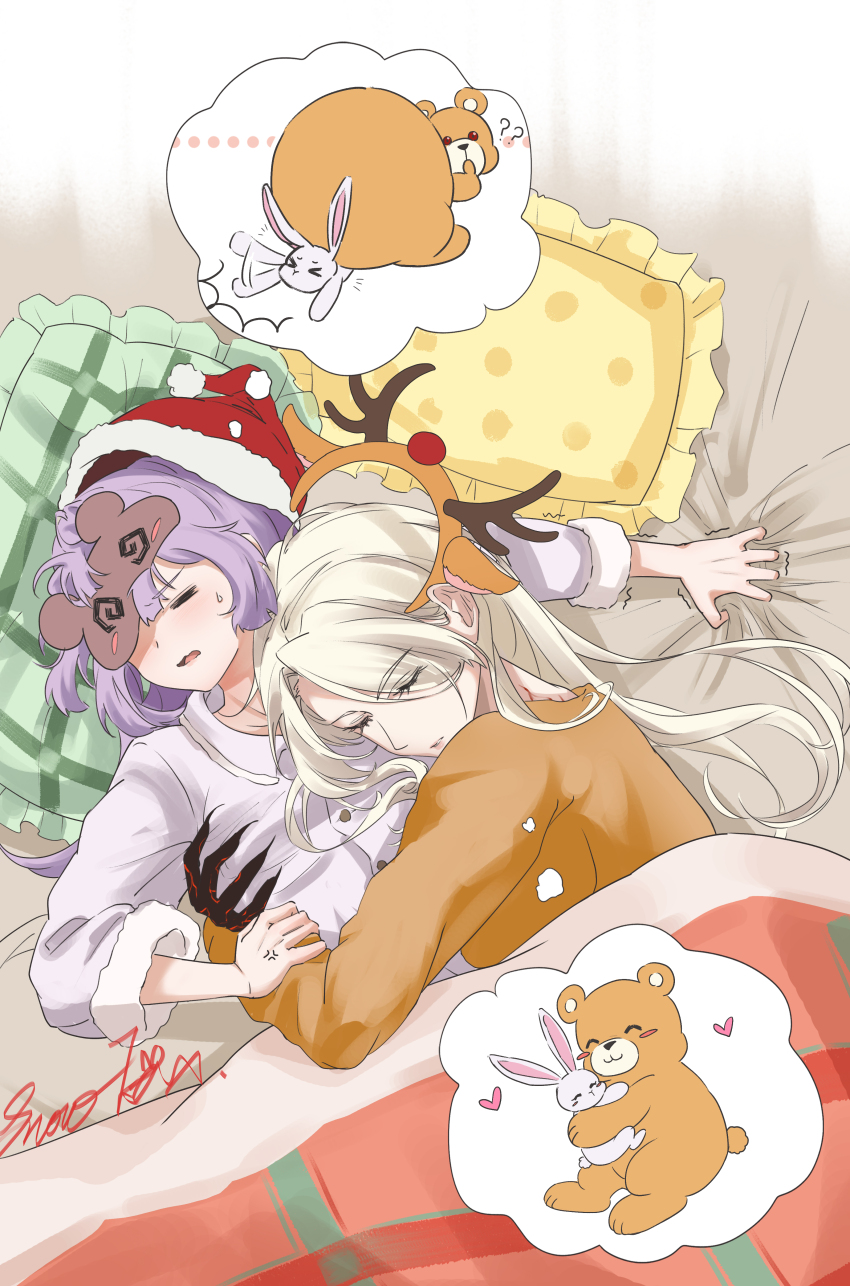 2girls absurdres anger_vein animal_ear_hairband animal_ears bed bed_sheet blonde_hair blush breasts checkered_pillow claws colored_skin cracked_skin fake_animal_ears fake_antlers grabbing_another&#039;s_arm grabbing_another&#039;s_breast groping hairband hat hella_(path_to_nowhere) highres hug large_breasts long_hair mask mask_on_head multiple_girls ninety-nine_(path_to_nowhere) on_bed orange_hairband orange_pajamas pajamas path_to_nowhere pillow pink_pajamas polka_dot_pillow santa_hat signature sleep_mask sleeping small_breasts spoken_animal sweat yukikitsune_kuutachibana yuri