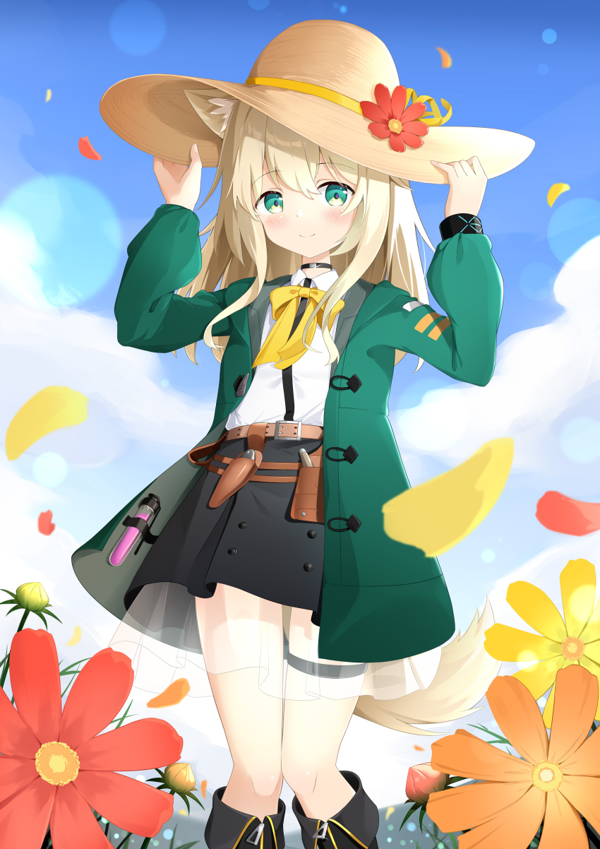 1girl absurdres animal_ear_fluff animal_ears arknights arms_up belt black_skirt blonde_hair blue_sky blush boots bow bowtie breasts buckle choker closed_mouth cloud cloudy_sky coat collared_shirt cowboy_shot dog_ears eyebrows_hidden_by_hair field flower flower_field green_eyes green_jacket hair_between_eyes hand_on_headwear hand_on_own_hat hat hat_flower highres holding jacket long_hair long_sleeves looking_at_viewer mao_xin&#039;ai miniskirt neck_ribbon open_clothes open_jacket outdoors pen petals podenco_(arknights) puffy_long_sleeves puffy_sleeves ribbon see-through_clothes see-through_skirt shirt sidelocks skirt sky sleeves_past_wrists small_breasts smile solo standing straw_hat sunflower test_tube thigh_strap white_shirt wind yellow_bow