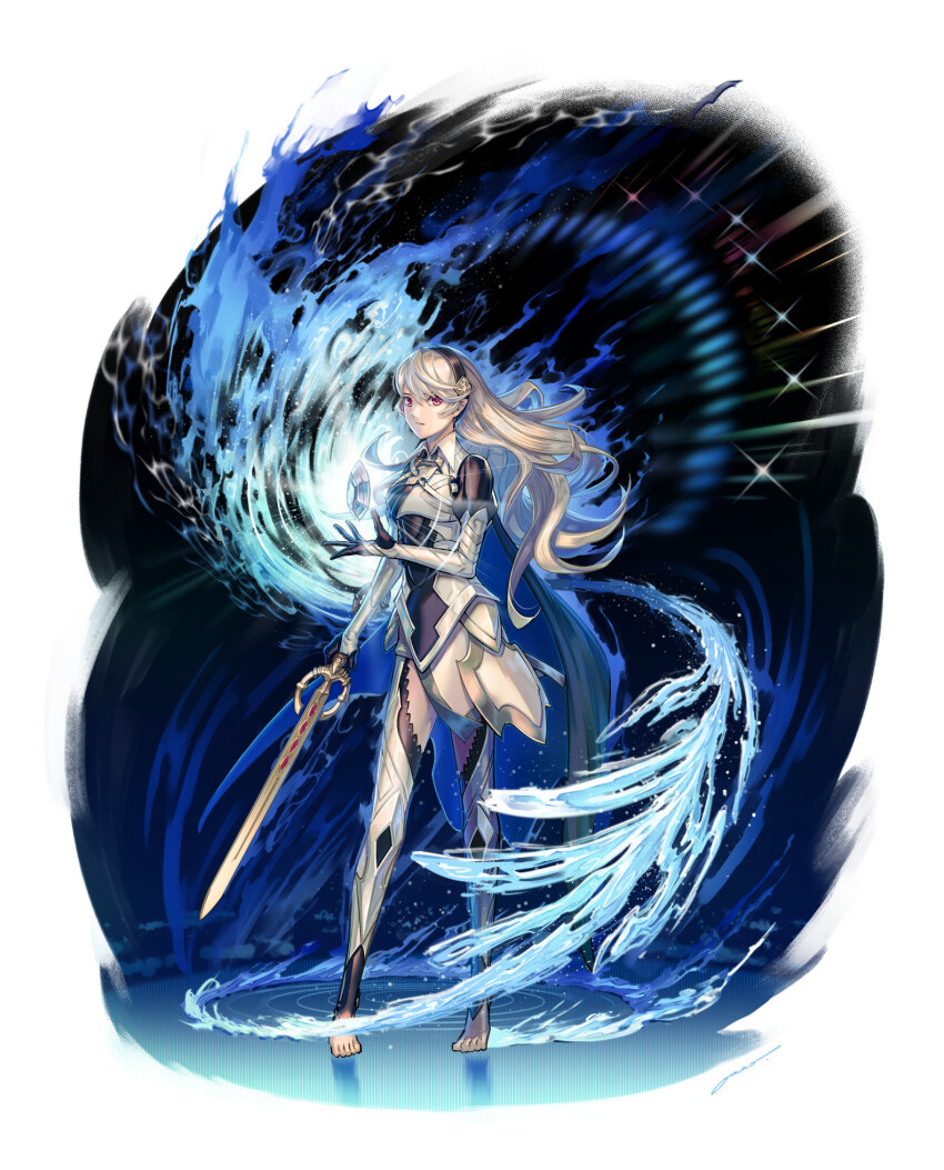 1girl amao_miyuki armor armored_leotard barefoot black_hairband blue_cape breasts cape commentary dragonstone english_commentary female_corrin_(fire_emblem) fire_emblem fire_emblem_fates floating_cape floating_hair full_body gloves grey_hair hair_between_eyes hair_ornament hairband highres holding holding_sword holding_weapon leotard long_hair looking_at_viewer nintendo pointy_ears red_eyes solo sword thighs too_many_watermarks water watermark weapon white_hair yato_(fire_emblem)