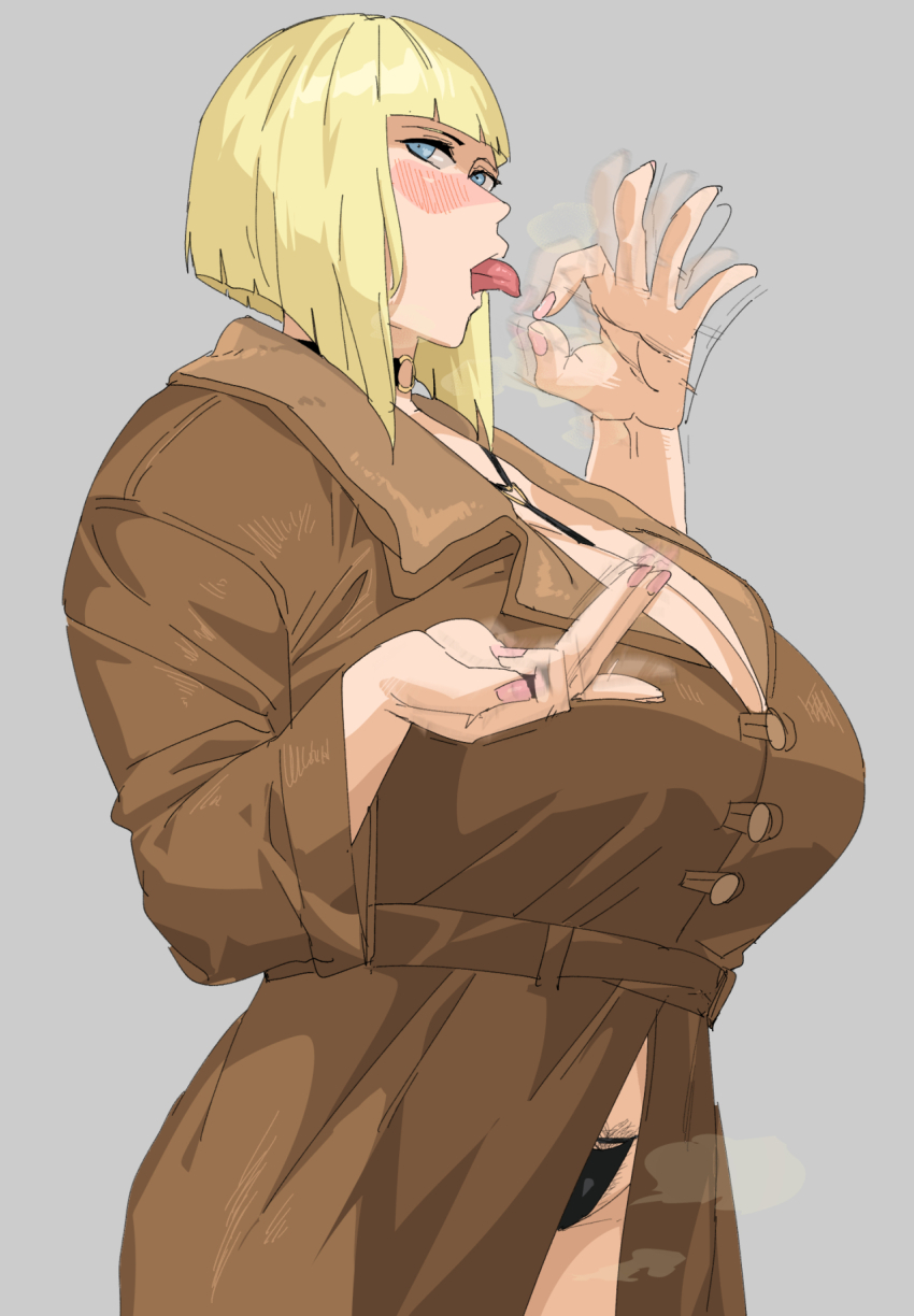 1girl alternate_costume black_panties blonde_hair blue_eyes blush bob_cut breasts brown_coat coat fellatio_gesture fingering_gesture grey_background highres huge_breasts long_coat looking_at_viewer looking_to_the_side motion_blur naruto_(series) naruto_shippuuden panties pink_nails pubic_hair pubic_hair_peek ryopie samui_(naruto) short_hair simple_background solo tongue tongue_out underwear
