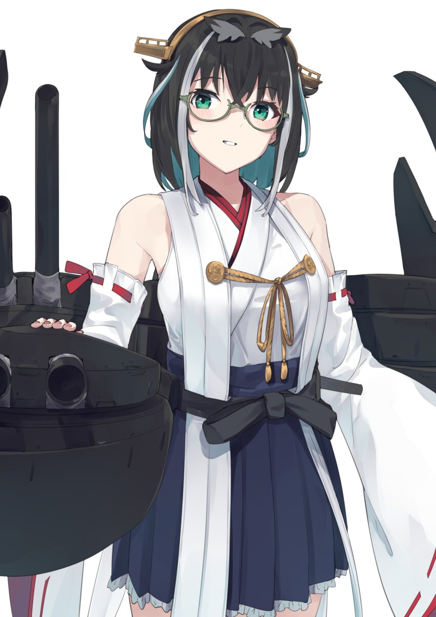 1girl absurdres atsushima black_bow black_hair blue_eyes blue_hair blush bow breasts cannon commentary_request cosplay cowboy_shot crossed_bangs detached_sleeves glasses green-framed_eyewear grin hair_between_eyes headgear highres japanese_clothes kantai_collection kimono kirishima_(kancolle) kirishima_(kancolle)_(cosplay) looking_at_viewer medium_breasts medium_hair multicolored_hair nanashi_inc. oura_rukako pleated_skirt ribbon-trimmed_sleeves ribbon_trim simple_background skirt smile solo streaked_hair virtual_youtuber white_background white_hair white_kimono