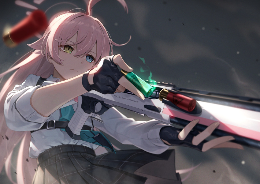 1girl ahoge beretta_1301 black_gloves black_skirt blue_archive blue_eyes chest_harness closed_mouth commentary dark_background english_commentary fingerless_gloves gloves greenkohgen gun hair_flaps halo harness heterochromia highres holding holding_gun holding_weapon hoshino_(blue_archive) huge_ahoge long_hair looking_ahead pink_hair pink_halo pleated_skirt serious skirt solo trigger_discipline upper_body weapon yellow_eyes