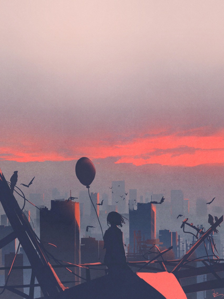 1girl absurdres arms_at_sides balloon building cityscape cloud cloudy_sky commentary_request evening facing_away floating_hair from_behind highres huashijw original outdoors pink_sky power_lines scenery short_hair signature silhouette simple_bird sitting sky skyscraper solo utility_pole wide_shot wind