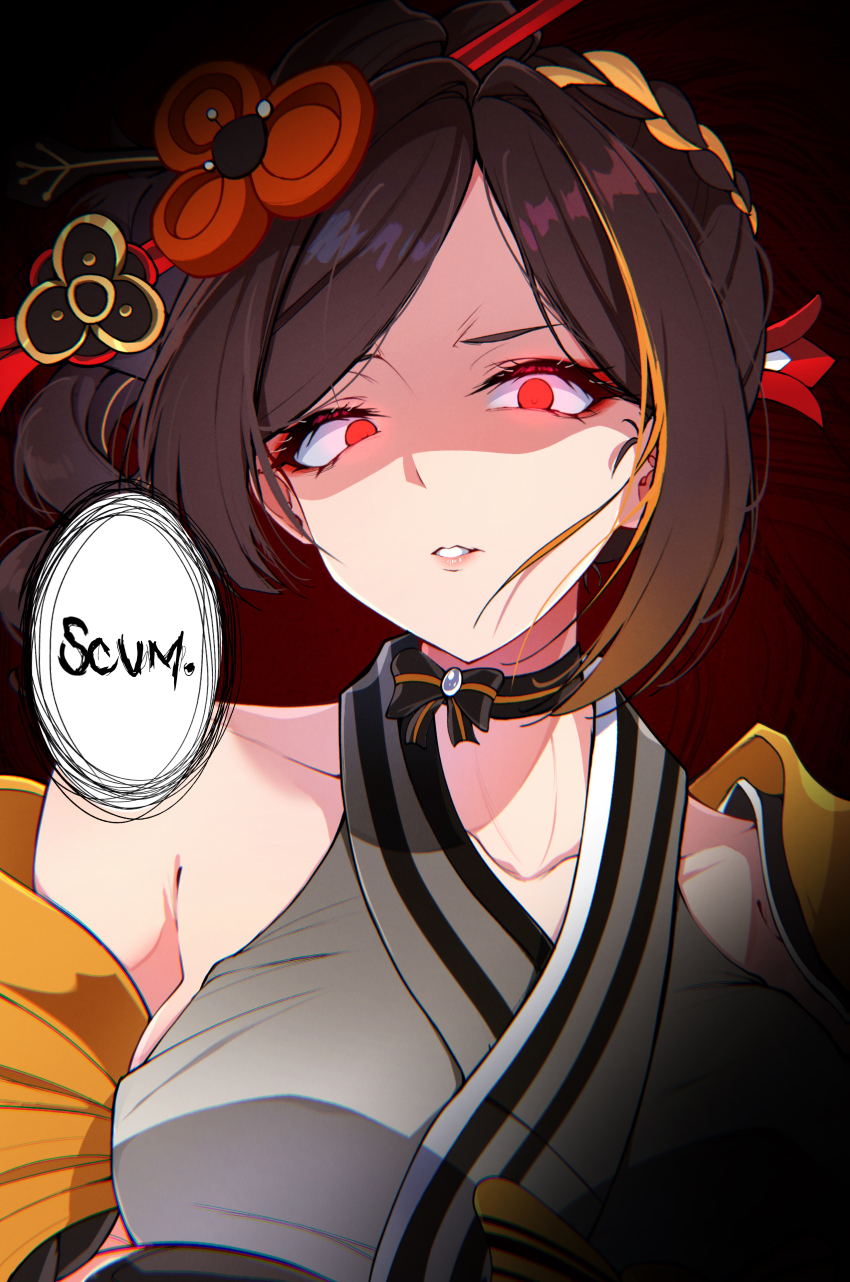 1girl absurdres asymmetrical_sidelocks brown_hair chiori_(genshin_impact) choker collarbone commentary disgust english_text genshin_impact grey_kimono hair_ornament hair_stick highres japanese_clothes kimono midori_(midori13579) off_shoulder red_eyes ribbon_choker shaded_face single_bare_shoulder speech_bubble upper_body