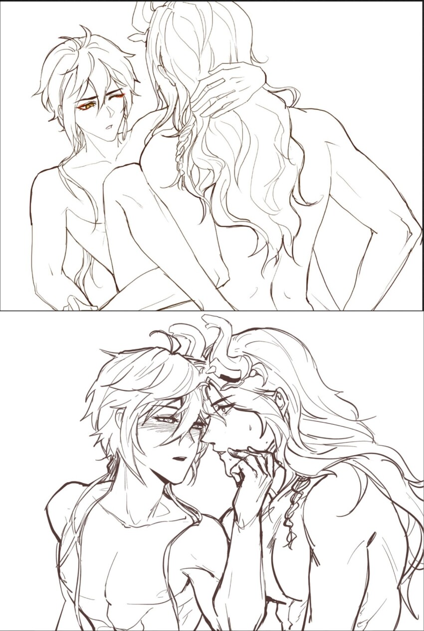 2boys azhdaha_(genshin_impact) blush dragon_horns emmental17 eyeliner genshin_impact greyscale hand_on_another&#039;s_chin hand_on_another&#039;s_nape hand_on_another&#039;s_neck highres horns implied_sex makeup missionary monochrome multiple_boys red_eyeliner seductive_gaze sex white_background yaoi zhongli_(genshin_impact)