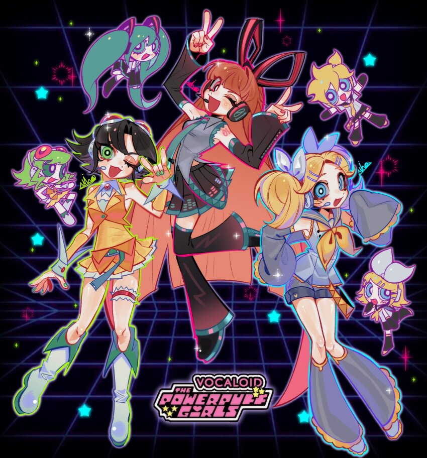1boy 3mia_hadi3 6+girls aqua_hair black_hair blossom_(ppg) brown_hair bubbles_(ppg) buttercup_(ppg) chibi commentary copyright_name cosplay crossover detached_sleeves double_v green_hair grid_background gumi gumi_(cosplay) hatsune_miku hatsune_miku_(cosplay) highres kagamine_len kagamine_rin kagamine_rin_(cosplay) kneehighs long_hair multiple_girls powerpuff_girls skirt socks thighhighs v very_long_hair vocaloid