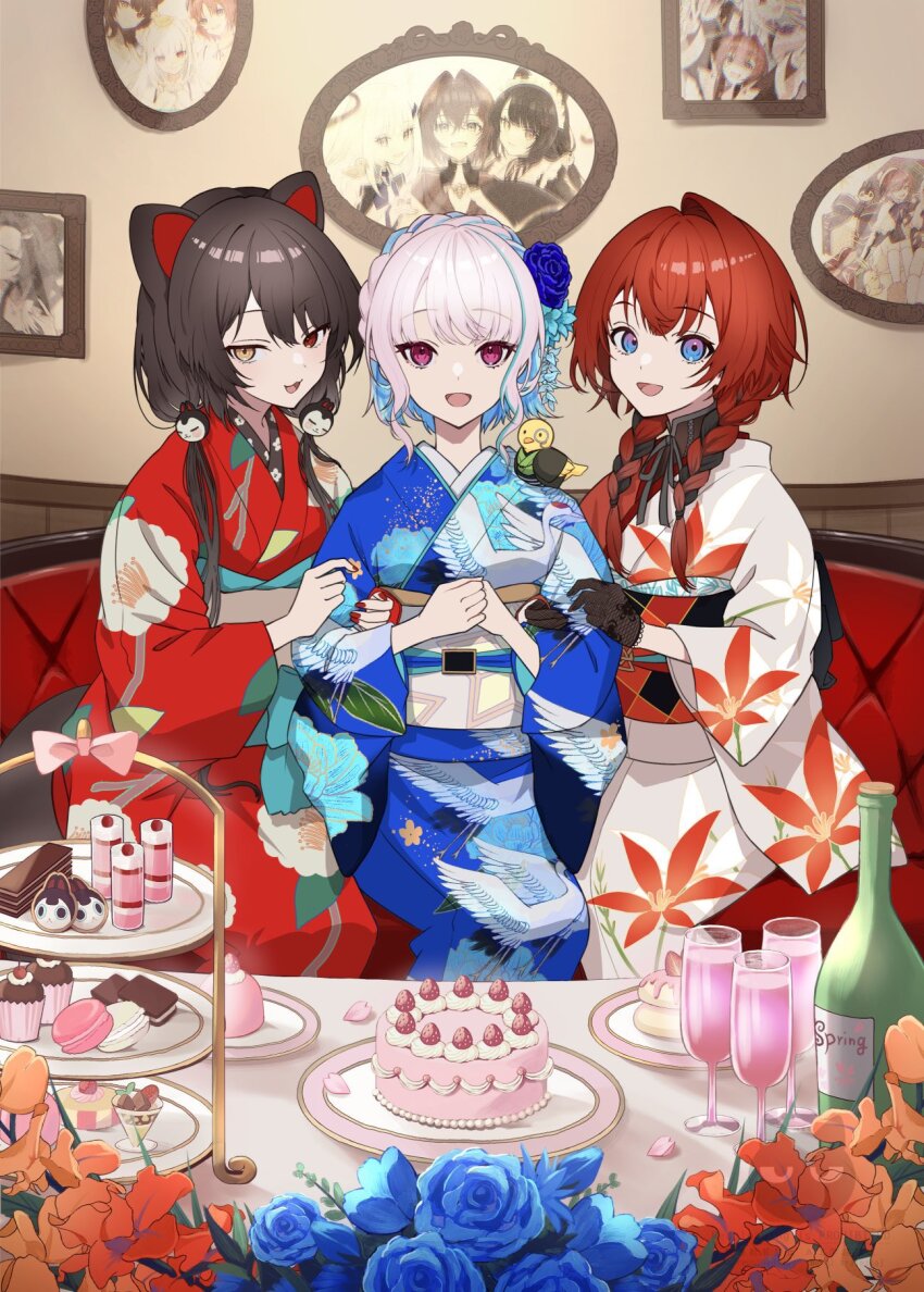 3girls :3 :d ange_katrina ange_katrina_(new_year) animal animal_ears animal_hair_ornament animal_on_shoulder animal_print anniversary banken_(inui_toko) bird bird_on_shoulder bird_print black_gloves black_hair black_sash blue_eyes blue_flower blue_hair blue_kimono blue_rose bottle bow braid brown_hair cake chaise_longue champagne_flute clothed_animal colored_inner_hair commentary_request crown_braid cup cupcake dog_ears dog_girl drinking_glass floral_print floral_print_gloves floral_print_kimono flower food food_request gloves gradient_eyes grey_sash hair_flower hair_ornament hair_over_shoulder hand_on_own_chest haruwo heterochromia highres holding_another&#039;s_arm indoors inui_toko inui_toko_(4th_costume) japanese_clothes kimono lace lace_gloves lize_helesta lize_helesta_(6th_costume) long_hair long_sleeves looking_at_viewer low_twin_braids low_twintails macaron monocle multicolored_eyes multicolored_hair multicolored_sash multiple_girls nail_polish nijisanji obi obiage obijime open_mouth orange_flower orange_sash own_hands_together photo_(object) picture_frame pink_bow pink_petals plate print_kimono purple_eyes red_eyes red_hair red_kimono red_nails red_sash rose sanbaka_(nijisanji) sash sebastian_piyodore side-by-side single_hair_intake sitting smile streaked_hair table tiered_tray twin_braids twintails two-tone_hair very_long_hair virtual_youtuber white_hair white_kimono white_sash yellow_bird yellow_eyes