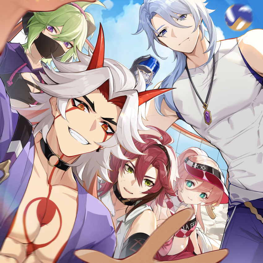 2girls 3boys absurdres alternate_costume antlers aqua_eyes arataki_itto asymmetrical_hair ball bare_shoulders beach beach_volleyball black_bow black_choker black_gloves black_hairband black_mask blue_eyes blue_hair blurry body_markings bow brown_hair can choker cleavage_cutout closed_mouth clothing_cutout collarbone crop_top cropped_jacket dearduam depth_of_field drink drink_can foreshortening from_below genshin_impact gloves green_eyes green_hair grin hair_between_eyes hair_bow hairband highres holding holding_can holding_drink horns jacket jewelry kamisato_ayato kuki_shinobu long_hair looking_at_viewer looking_down male_swimwear mask medium_hair midriff mole mole_under_each_eye mole_under_eye mouth_mask multicolored_hair multiple_boys multiple_girls multiple_moles necklace o-ring o-ring_choker open_clothes open_jacket open_mouth orange_eyes outdoors outstretched_arm parted_bangs pectoral_cleavage pectorals pink_hair pink_headwear playing_sports ponytail purple_eyes purple_jacket purple_male_swimwear reaching reaching_towards_viewer red_hair red_horns sand shikanoin_heizou shirt sleeveless sleeveless_jacket sleeveless_shirt smile streaked_hair sweat swim_trunks symbol-shaped_pupils visor_cap volleyball volleyball_(object) volleyball_net white_hair white_jacket white_shirt yanfei_(genshin_impact)