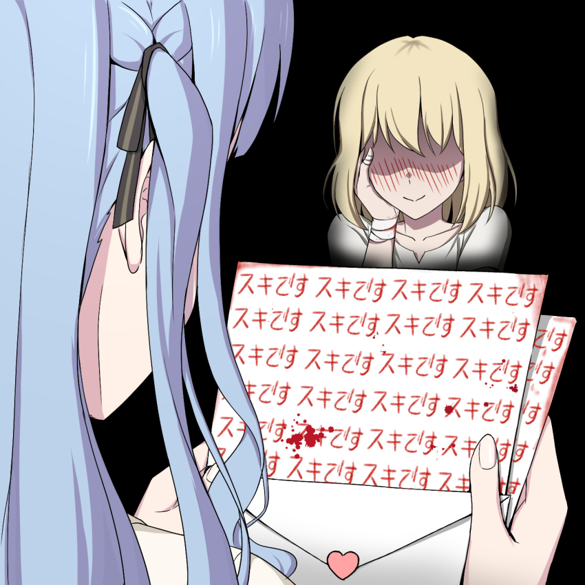 2girls anglediana bang_dream! bang_dream!_it&#039;s_mygo!!!!! black_background blonde_hair blood blue_hair chibi commentary_request hand_on_own_face heart highres letter long_hair love_letter medium_hair misumi_uika multiple_girls revision self-harm sidelocks togawa_sakiko translated two_side_up wrist_cutting yandere yuri