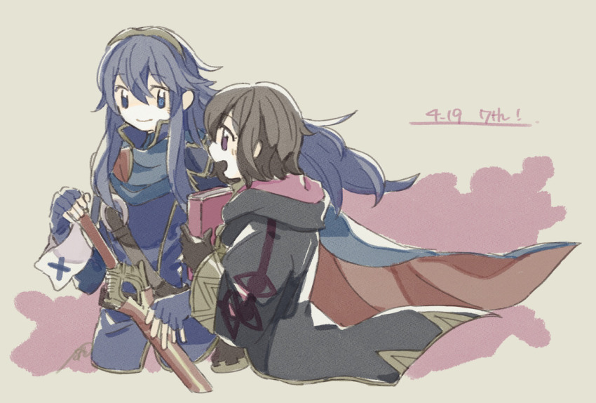 2girls batoson54 black_hair blue_eyes blue_hair brand_of_the_exalt cape eyes_of_grima falchion_(fire_emblem) fire_emblem fire_emblem_awakening hood hood_down hooded_jacket jacket lucina_(fire_emblem) female_morgan_(fire_emblem) multiple_girls nintendo purple_eyes talking tiara