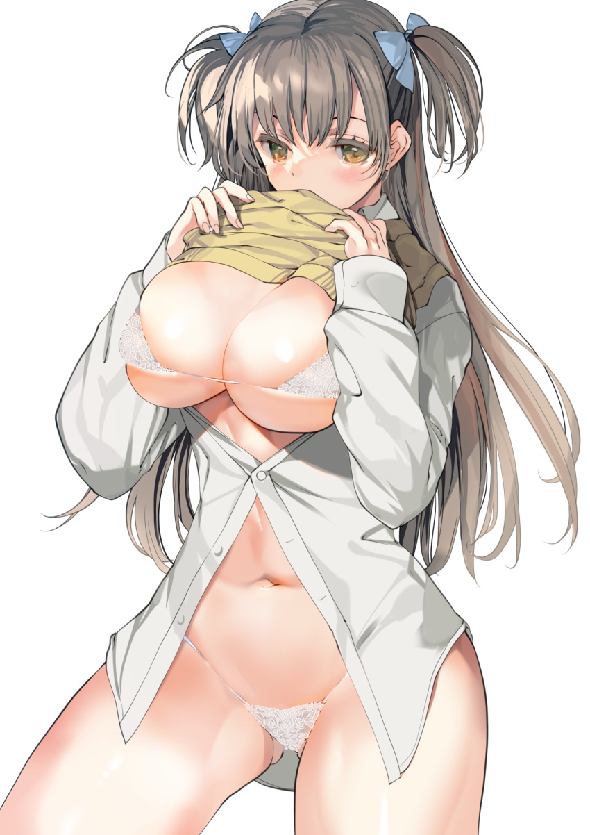 1girl blue_bow bow bra breasts breasts_out brown_eyes brown_hair clothes_lift gluteal_fold hair_bow highres large_breasts lifting_own_clothes long_hair long_sleeves looking_at_viewer navel original panties shirt solo standing sweater sweater_lift tamiya_akito thighs two_side_up underwear white_bra white_panties white_shirt yellow_sweater