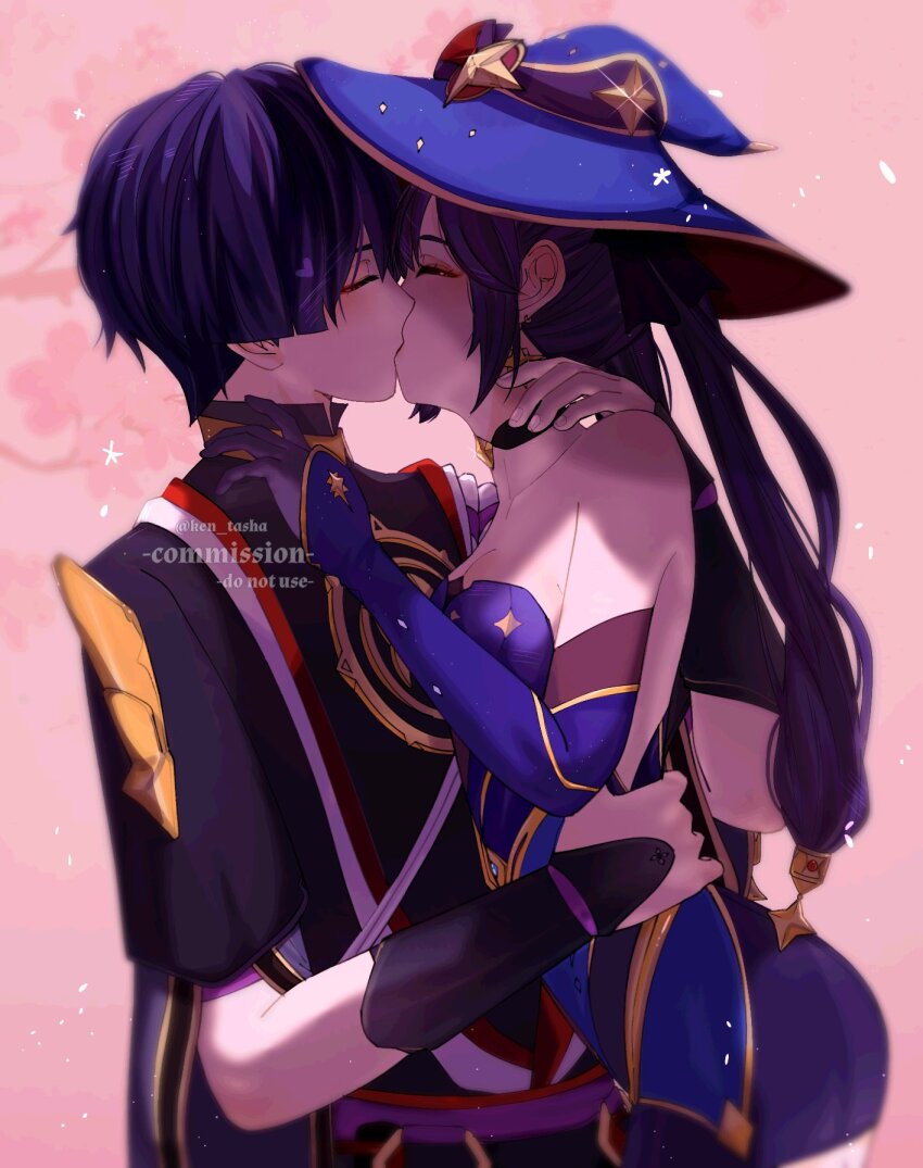 1boy 1girl armor black_bodysuit black_choker black_gloves black_kimono black_sleeves blue_hat blue_leotard blue_sleeves blunt_ends bodystocking bodysuit breasts choker cleavage closed_eyes collarbone commission couple detached_sleeves earrings elbow_gloves eyelashes eyeliner eyeshadow facing_another fingernails furisode genshin_impact gloves gold gold_trim han&#039;eri hand_on_another&#039;s_nape hand_on_another&#039;s_shoulder hand_on_another&#039;s_waist hat hat_ornament heart hetero highres japanese_armor japanese_clothes jewelry kimono kote kurokote layered_kimono layered_sleeves leotard long_hair makeup mandarin_collar medium_breasts mona_(genshin_impact) mona_(pact_of_stars_and_moon)_(genshin_impact) moriko_ken11 neck_ring o-ring open_clothes open_kimono parted_bangs pink_background ponytail_holder purple_hair purple_rope purple_sash purple_sleeves red_eyeliner red_eyeshadow red_hat red_kimono red_sash rope sash scaramouche_(genshin_impact) shimenawa short_sleeves sidelocks single_sode star_(symbol) star_choker star_earrings star_hat_ornament star_print strapless strapless_leotard twintails two-sided_fabric two-sided_headwear white_kimono white_rope witch_hat