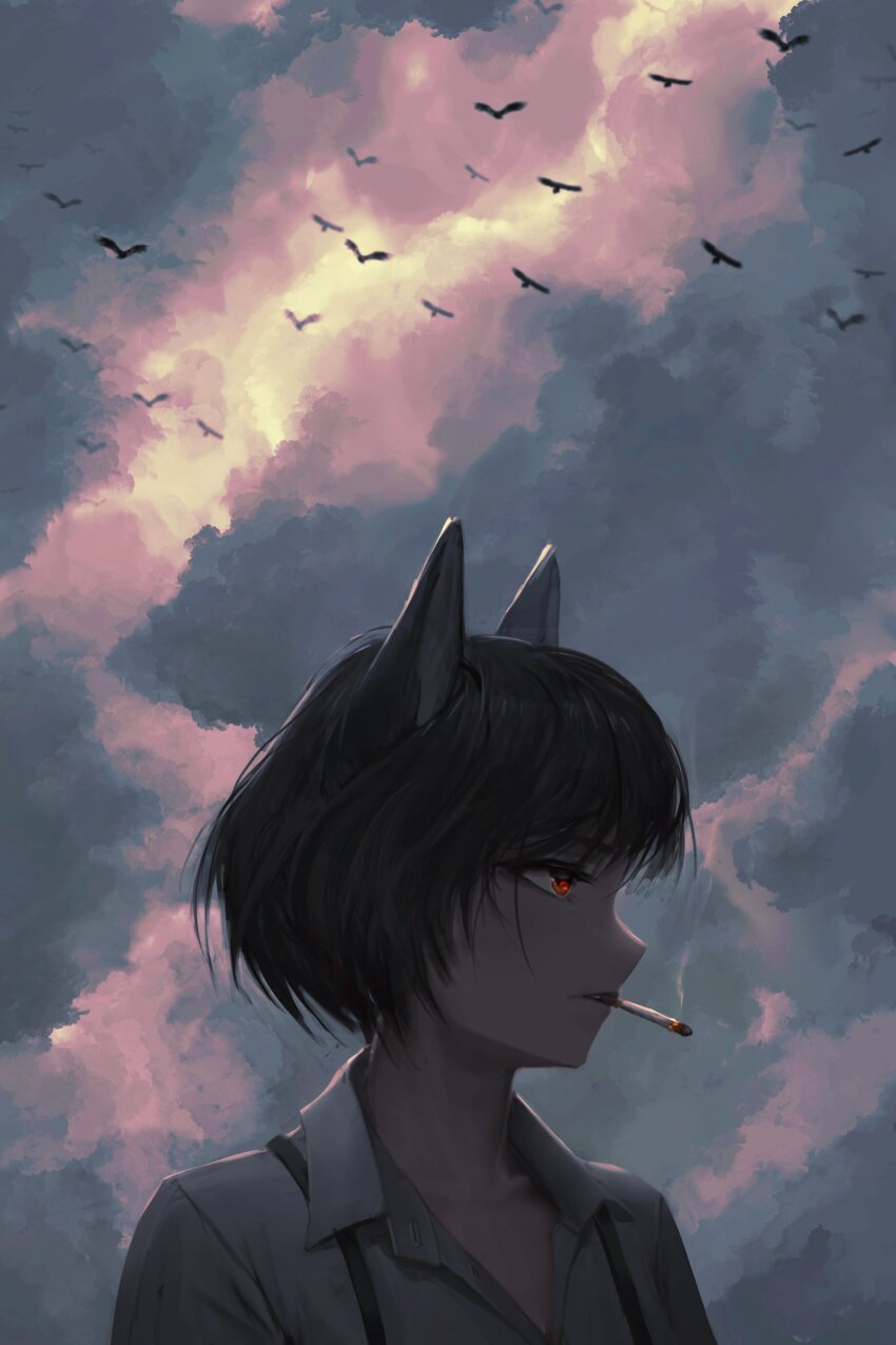 1girl absurdres animal_ears bird black_hair cat_ears cat_girl cigarette cloud cloudy_sky collarbone collared_shirt commentary english_commentary grey_sky highres holding holding_cigarette looking_to_the_side numanoan original outdoors parted_lips portrait profile red_eyes shirt short_hair sky smoke smoking solo too_many too_many_birds white_shirt