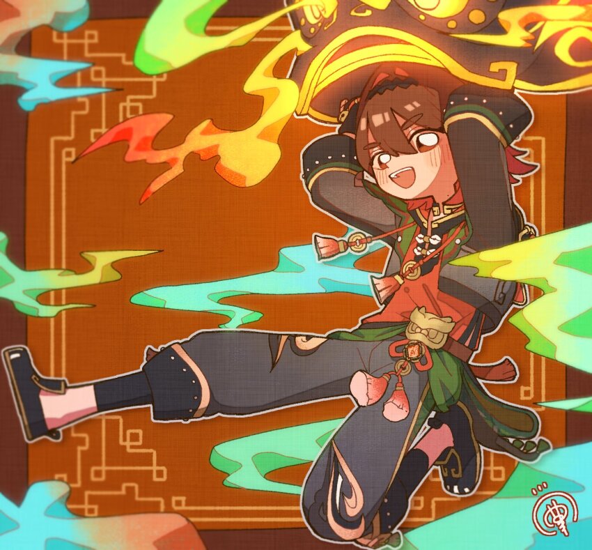 1boy black_gloves black_shoes blush brown_eyes brown_hair chinese_clothes full_body gaming_(genshin_impact) genshin_impact gloves hair_intakes highres jacket lion_dance long_sleeves looking_at_viewer male_focus medium_hair mole mole_on_neck open_mouth pants red_shirt shirt shoes signature snsnchi solo tassel teeth upper_teeth_only