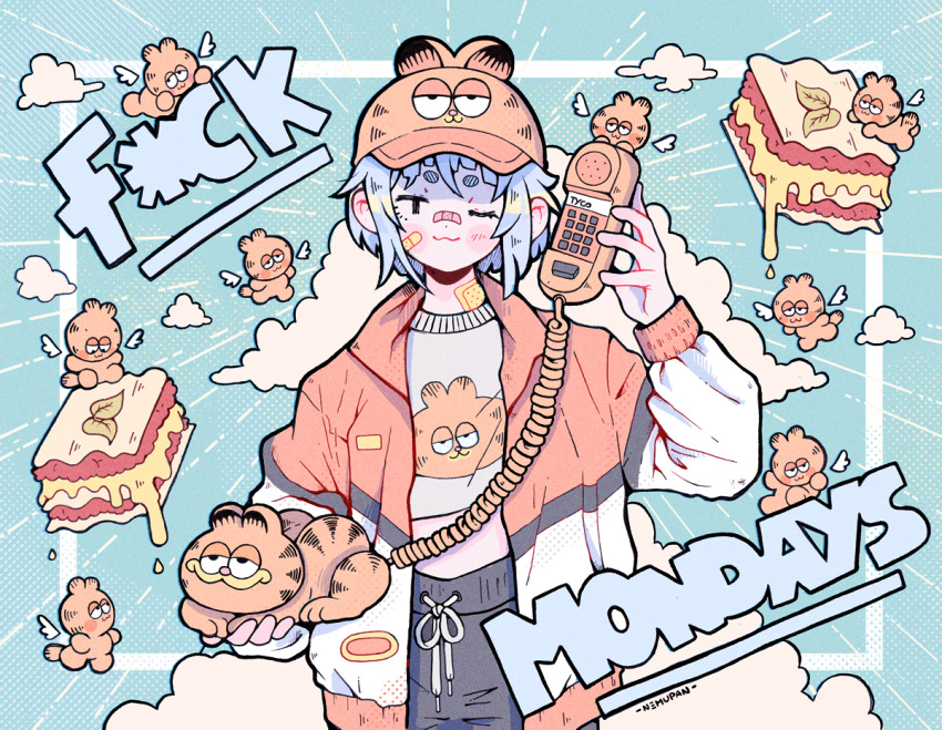 1girl :3 angel_wings animal_ear_headwear animal_ears artist_name bandaid bandaid_on_face bandaid_on_neck bandaid_on_nose baseball_cap black_eyes blue_background blush_stickers border cat cat_ears censored censored_text chibi closed_mouth cloud corded_phone cowboy_shot emphasis_lines english_text fake_animal_ears food garfield garfield_(character) half-closed_eyes hat holding holding_phone jacket lasagne long_sleeves looking_at_viewer monday multicolored_jacket nemupan one_eye_closed open_clothes open_jacket orange_hat orange_jacket original outside_border phone profanity short_hair solo straight-on sweater white_border white_hair white_sweater wings