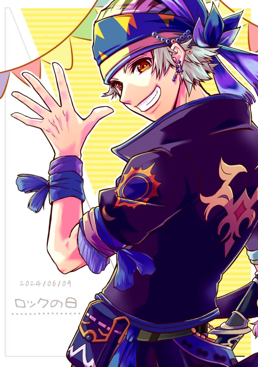1boy ayana_(iqaw5cfohvdtver) black_jacket blue_ribbon blue_trim brown_eyes dated earrings final_fantasy final_fantasy_vi grey_hair grin headscarf highres jacket jewelry locke_cole looking_at_viewer male_focus parted_bangs pennant ribbon short_hair sleeves_rolled_up smile solo upper_body waving wrist_ribbon