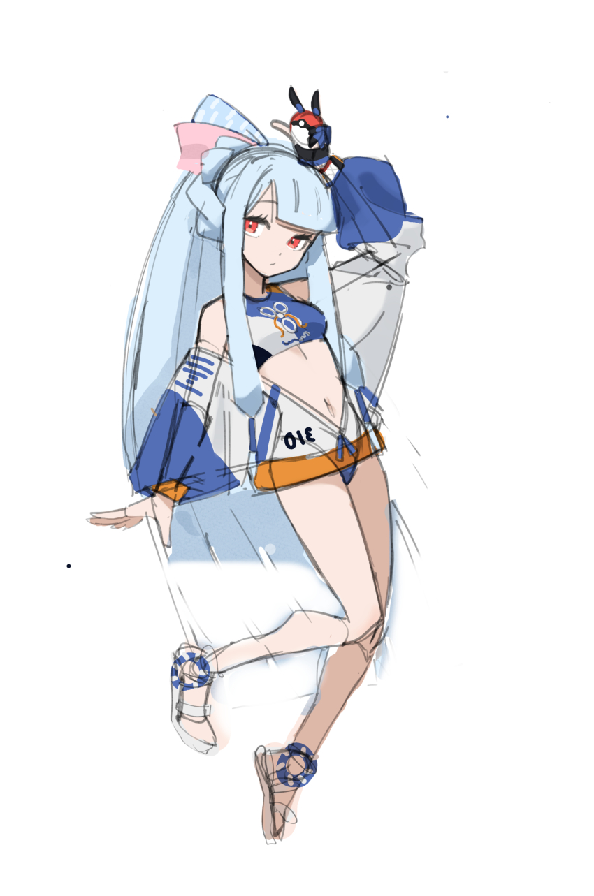 1girl absurdres adapted_costume alternate_hairstyle arm_up bare_shoulders bikini bikini_bottom_only blue_hair blunt_bangs blunt_ends commentary_request crop_top expressionless hair_ribbon half_updo highres hiragi_sage holding holding_poke_ball jacket jacket_partially_removed kotonoha_aoi long_hair long_sleeves looking_at_viewer low-tied_sidelocks midriff nintendo no_socks partially_unzipped poke_ball pokemon pokemon_swsh ponytail red_eyes ribbon sandals sidelocks simple_background solo swimsuit tankini unfinished very_long_hair voiceroid white_background white_jacket wide_sleeves