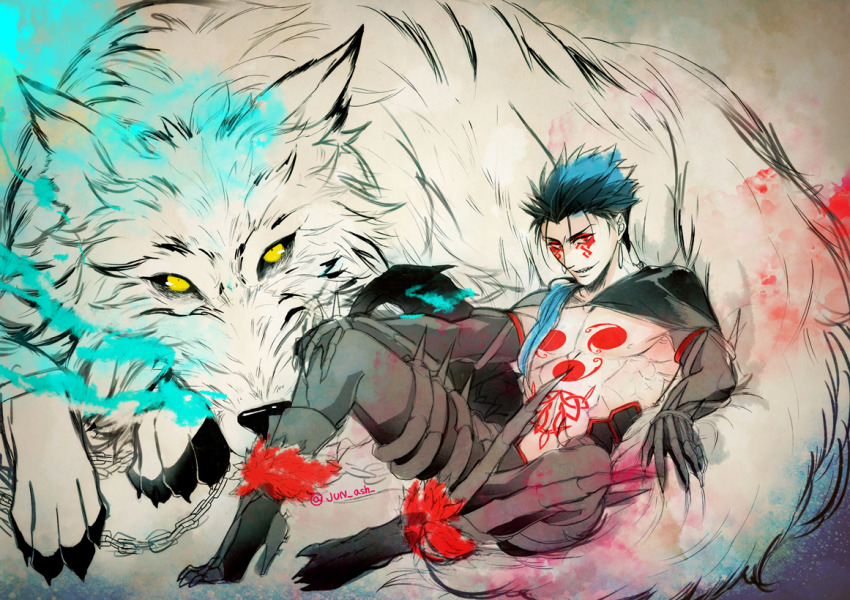 1boy bare_pectorals black_gloves black_sclera blue_fire blue_hair breath_weapon breathing_fire chain chest_tattoo colored_sclera cu_chulainn_(fate) cu_chulainn_(fate/stay_night) cu_chulainn_alter_(fate) cu_chulainn_alter_(fate/grand_order) earrings elbow_gloves fate/grand_order fate_(series) fire gloves hair_over_shoulder hair_strand jewelry jun_(ash) lobo_(fate) long_hair looking_at_viewer pectorals red_eyes sharp_teeth smile spikes tattoo teeth white_wolf wolf yellow_eyes