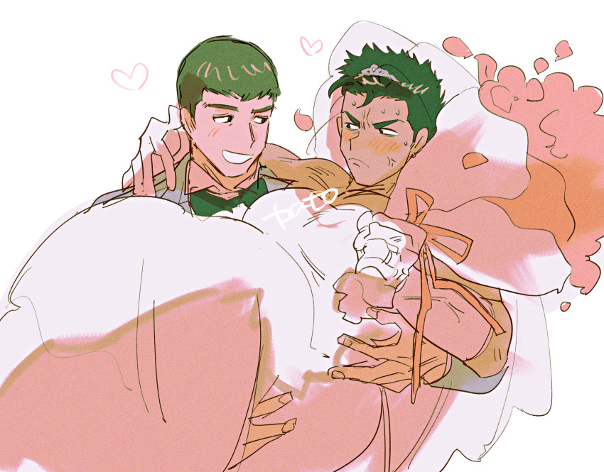 2boys anger_vein ao_isami black_hair blush bouquet carrying couple dress eye_contact flower frown heart highres holding holding_bouquet husband_and_husband ice_nomu looking_at_another male_focus multiple_boys pectoral_cleavage pectorals petals pink_theme princess_carry ryuji_satake thick_eyebrows unfinished v-shaped_eyebrows wedding_dress yaoi yuuki_bakuhatsu_bang_bravern