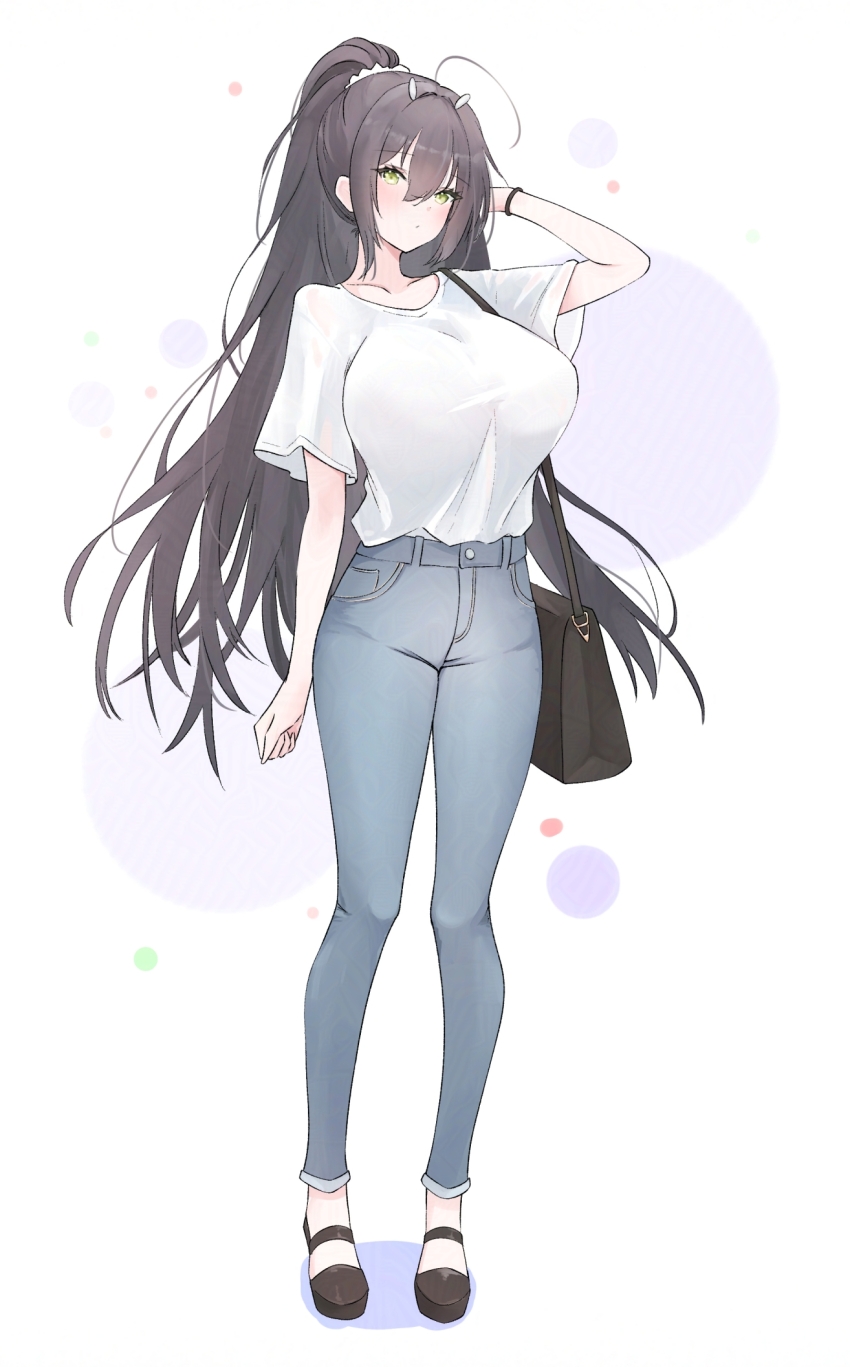 1girl :o adjusting_hair ahoge alternate_costume alternate_hair_length alternate_hairstyle arm_up azur_lane bag black_hair black_shoes bracelet breasts brown_bag casual collarbone commentary_request denim full_body green_eyes hair_between_eyes hair_tie handbag high_ponytail highres huge_breasts indomitable_(azur_lane) jeans jewelry livetarica long_hair looking_at_viewer pants parted_lips ponytail shirt shoes short_sleeves sidelocks simple_background solo standing very_long_hair white_background white_shirt