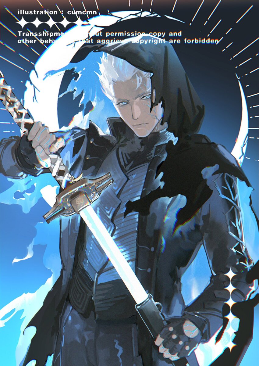 1boy bishounen black_gloves blue_coat blue_eyes blue_theme closed_mouth coat cumcmn devil_may_cry_(series) devil_may_cry_5 fingerless_gloves gibbous_moon gloves glowing glowing_sword glowing_weapon hair_slicked_back half_moon highres holding holding_sword holding_weapon katana looking_at_viewer male_focus moon solo sword vergil_(devil_may_cry) weapon white_hair yamato_(sword)