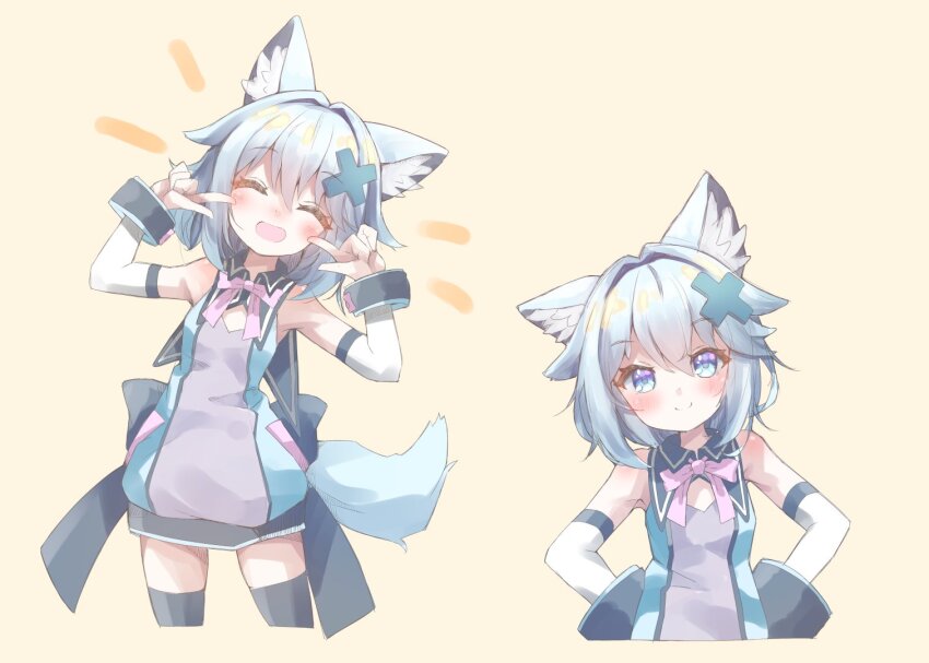 1girl :d ^_^ animal_ear_fluff animal_ears arms_up back_bow bare_shoulders black_bow black_thighhighs blue_dress blue_eyes blue_hair blush bow bowtie breasts brown_background cleavage_cutout closed_eyes closed_mouth clothing_cutout collared_dress cropped_legs cropped_torso detached_collar detached_sleeves dress facing_viewer fang fox_ears fox_girl fox_tail hair_between_eyes hair_intakes hair_ornament hands_on_own_hips hands_up head_tilt long_sleeves looking_at_viewer medium_hair mint_(vrchat) multiple_views open_mouth pink_bow pink_bowtie pink_ribbon pointing pointing_at_self ribbon shirt short_dress short_hair simple_background six_box skin_fang sleeveless sleeveless_dress small_breasts smile tail thighhighs upper_body vrchat white_sleeves wrist_cuffs x_hair_ornament yellow_background