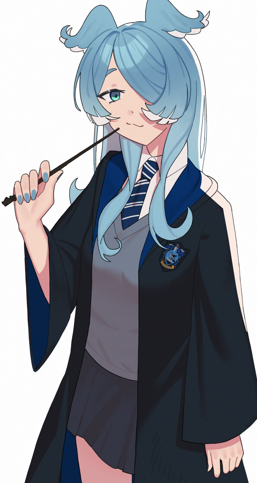 1girl :3 absurdres alternate_costume arm_at_side asymmetrical_bangs asymmetrical_sidelocks black_robe blue_eyes blue_hair blue_nails blue_necktie blue_robe blue_wings breasts closed_mouth coat_of_arms collared_shirt colored_tips commentary cosplay curled_fingers diagonal-striped_clothes diagonal-striped_necktie dot_nose elira_pendora english_commentary eyebrows_hidden_by_hair fingernails grey_skirt grey_sweater_vest hair_intakes hair_over_one_eye hair_over_shoulder hair_wings half-closed_eyes hand_up harry_potter_(series) head_tilt head_wings highres hogwarts_school_uniform holding holding_wand hood hood_down hooded_robe karassawa long_eyelashes long_hair long_sidelocks long_sleeves looking_at_viewer looking_to_the_side miniskirt multicolored_hair narrowed_eyes necktie nijisanji nijisanji_en open_clothes open_robe parted_bangs patch raised_eyebrows raised_inner_eyebrows ravenclaw robe school_uniform shirt sidelocks simple_background skirt smirk solo standing striped_clothes sweater_vest thick_eyelashes tsurime two-sided_robe two-tone_necktie two-tone_wings v-neck virtual_youtuber wand wavy_hair white_background white_hair white_necktie white_shirt white_wings wide_sleeves wing_collar wings wizarding_world