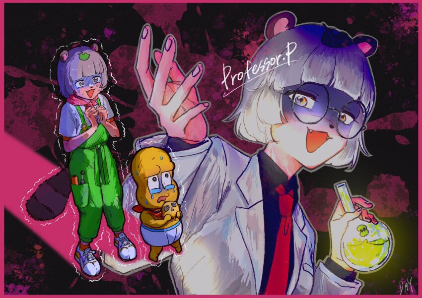 2girls :3 animal_ears animal_nose bald bandana bandana_around_neck black_background black_shirt blunt_bangs blush border briefs chancho character_doll collared_shirt colored_skin commentary_request constricted_pupils crying crying_with_eyes_open day_(tutuurarau) doll dual_persona english_text evil_smile fangs flask glasses green_overalls grey_eyes grey_hair hands_up highres holding holding_doll holding_flask kunai lab_coat leaf leaf_on_head long_sleeves male_underwear mode_aim multiple_girls necktie object_in_pocket open_mouth overalls own_hands_together peanuts-kun pink_border pocket ponpoko_(vtuber) projected_inset raccoon_ears raccoon_girl raccoon_tail red_bandana red_necktie round-bottom_flask round_eyewear scared shaded_face shirt shoes short_hair short_sleeves smile sneakers splatter_background tail tears topless_male trembling underwear virtual_youtuber wavy_eyes weapon white_footwear white_male_underwear white_shirt yellow_skin