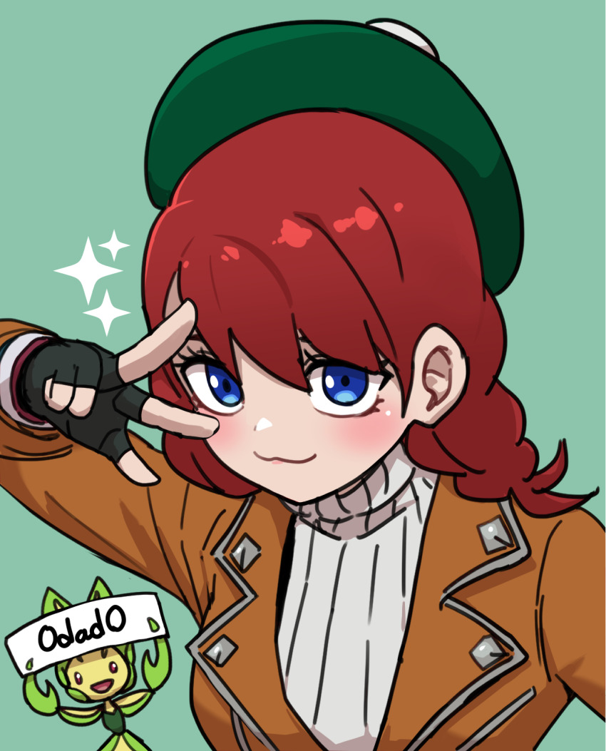 1girl :3 alternate_costume alternate_hair_color alternate_hairstyle blue_eyes blush braid closed_mouth eyelashes fingerless_gloves gen_5_pokemon gigobyte350 gloria_(pokemon) gloves green_background green_hat hand_up hat highres jacket leavanny long_hair nintendo orange_jacket pokemon pokemon_(creature) pokemon_swsh red_hair smile solo sparkle tam_o&#039;_shanter w
