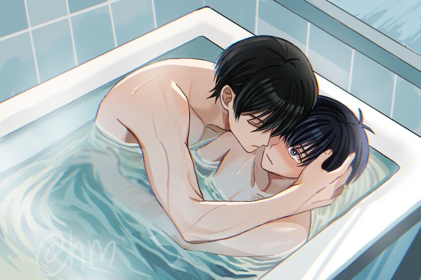 2boys bath bathing bathroom bathtub black_hair blue_eyes blue_lock blush closed_eyes hair_between_eyes hug hyohls2_(hamao3o) isagi_yoichi itoshi_rin male_focus multiple_boys nude same-sex_bathing shared_bathing short_hair water yaoi