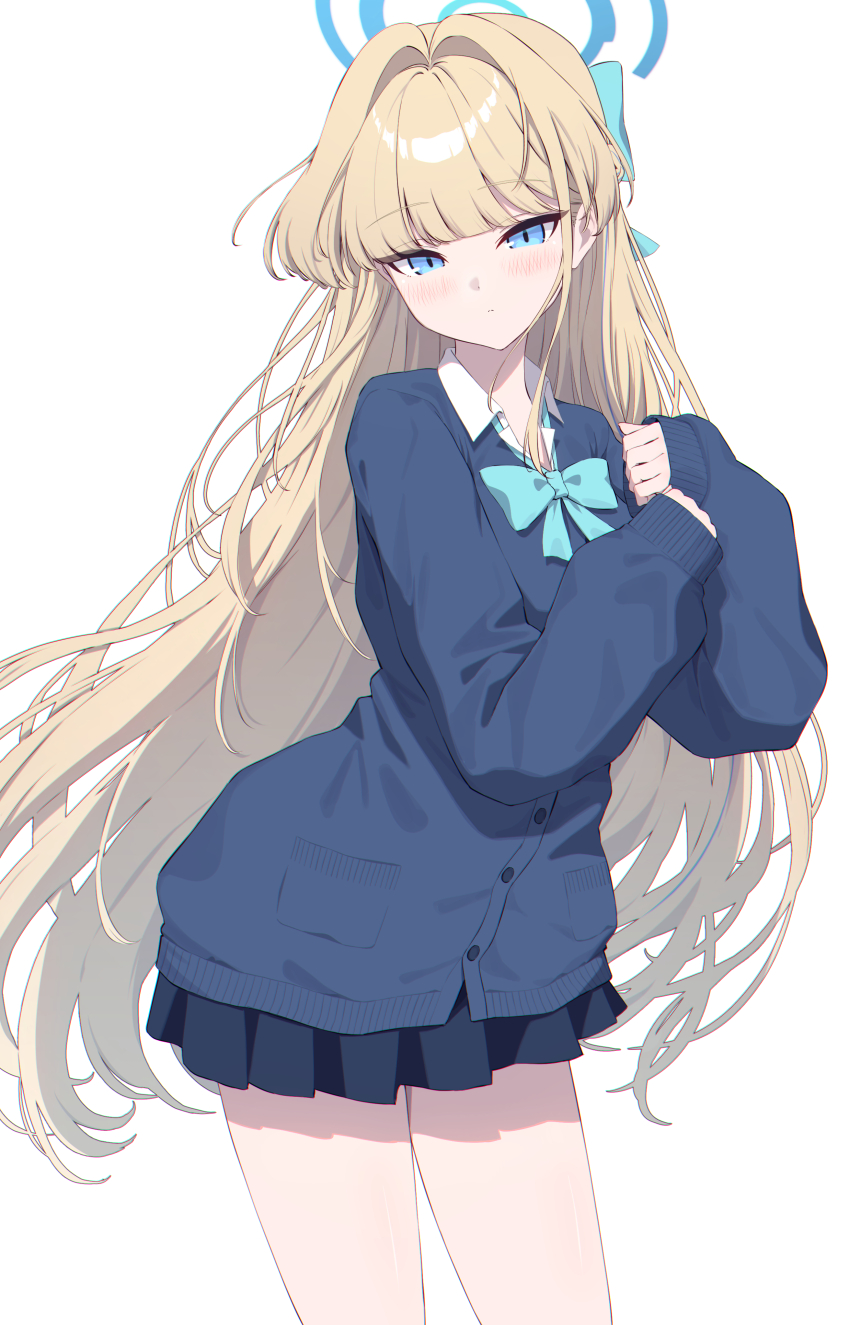 1girl absurdres akazaki_yukino aqua_bow aqua_bowtie blue_archive blue_cardigan blue_eyes blue_skirt blush bow bowtie cardigan halo highres long_hair long_sleeves looking_at_viewer open_collar pleated_skirt school_uniform shirt simple_background skirt solo thighs toki_(blue_archive) toki_(school_uniform)_(blue_archive) very_long_hair white_background white_shirt
