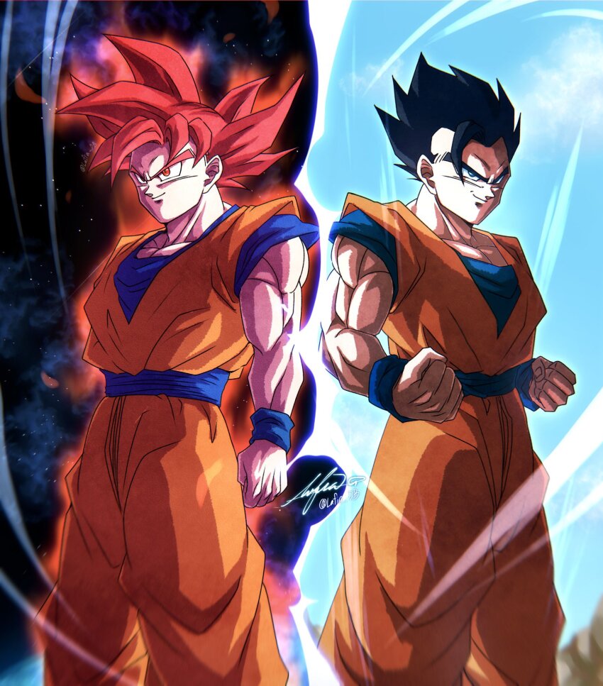 2boys black_hair blue_shirt clenched_hands dougi dragon_ball dragon_ball_legends dragon_ball_z dragon_ball_z_kami_to_kami dragonball_z father_and_son green_eyes highres lafia_db medium_hair multiple_boys muscular muscular_male orange_pants orange_shirt pants potential_unleashed red_eyes red_hair shirt short_hair signature sleeveless sleeveless_shirt smirk son_gohan son_goku space spiked_hair super_saiyan super_saiyan_god twitter_username v-neck