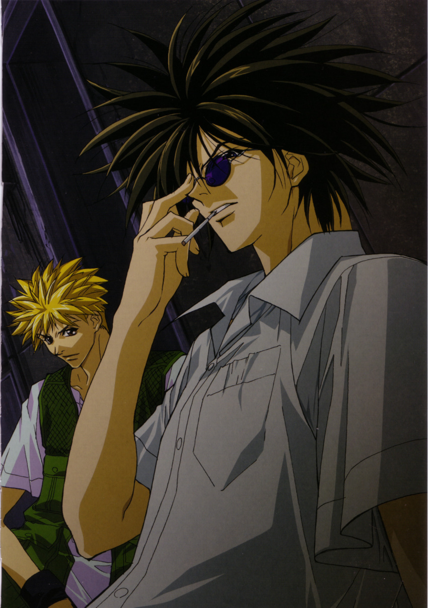2boys adjusting_eyewear against_wall amano_ginji black_gloves black_hair blonde_hair breast_pocket brown_eyes brown_hair buttons cigarette clenched_teeth collared_shirt door dress_shirt dutch_angle getbackers glasses gloves green_vest highres indoors looking_at_viewer male_focus midou_ban mouth_hold multiple_boys nakajima_atsuko parted_lips pocket scan shirt short_sleeves spiked_hair sunglasses teeth upper_body vest white_shirt wing_collar