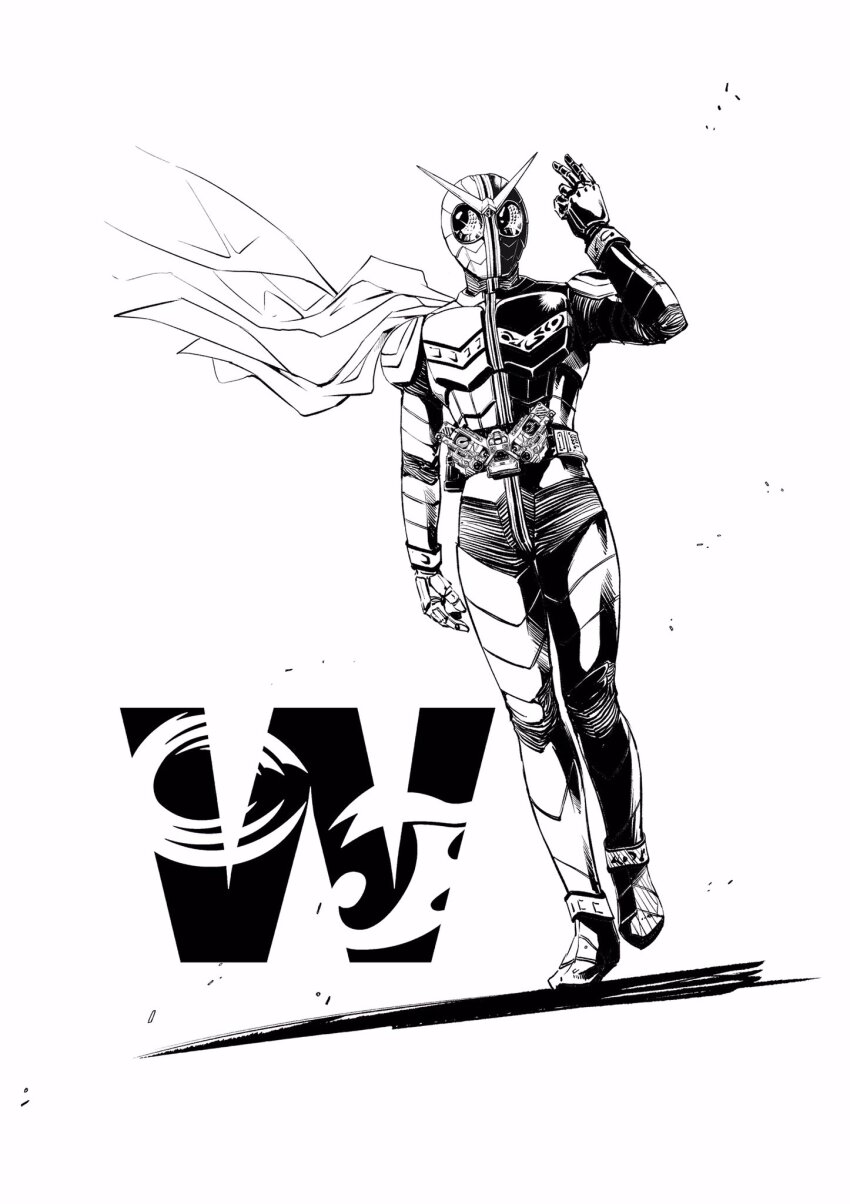 1boy armor belt bodysuit double_driver fuuto_tantei gaia_memory highres kamen_rider kamen_rider_double kamen_rider_w looking_at_viewer male_focus monochrome official_art rider_belt sato_masaki_(masayakofu) scarf solo tokusatsu