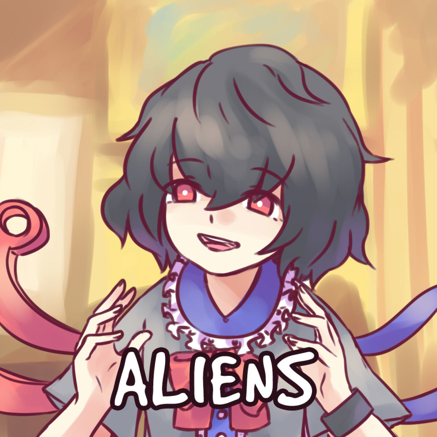 1girl :d ancient_aliens asymmetrical_wings black_hair bow bowtie dress english_text female_focus highres houjuu_nue meme messy_hair open_mouth red_bow red_eyes short_hair smile solo teeth text_focus touhou upper_body wings yoruny