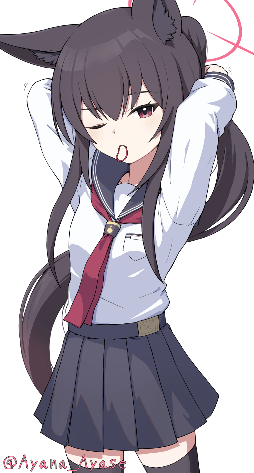 1girl absurdres adjusting_hair alternate_hairstyle animal_ear_fluff animal_ears arms_behind_head arms_up ayana_ayase black_sailor_collar black_skirt black_thighhighs blue_archive brown_hair collarbone commentary_request cowboy_shot floating_hair fox_ears fox_girl hair_between_eyes hair_tie_in_mouth halo highres long_hair long_sidelocks long_sleeves looking_at_viewer miniskirt mouth_hold neckerchief one_eye_closed pleated_skirt ponytail red_eyes red_halo red_neckerchief sailor_collar school_uniform serafuku shirt sidelocks simple_background skindentation skirt solo standing thighhighs twitter_username very_long_hair white_background white_shirt yukino_(blue_archive) zettai_ryouiki