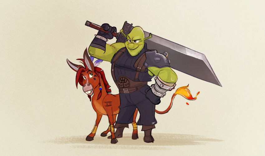 1boy armor bald black_eyes black_gloves black_pants black_sweater boots brown_background brown_footwear cloud_strife cloud_strife_(cosplay) colored_skin cosplay donkey donkey_(shrek) fiery_tail final_fantasy final_fantasy_vii fusion gloves green_skin heather_rivers highres holding holding_sword holding_weapon male_focus over_shoulder pants red_xiii ribbed_sweater shadow shoulder_armor shrek shrek_(series) sleeveless sleeveless_sweater smile suspenders sweater sword tail v-shaped_eyebrows weapon weapon_over_shoulder