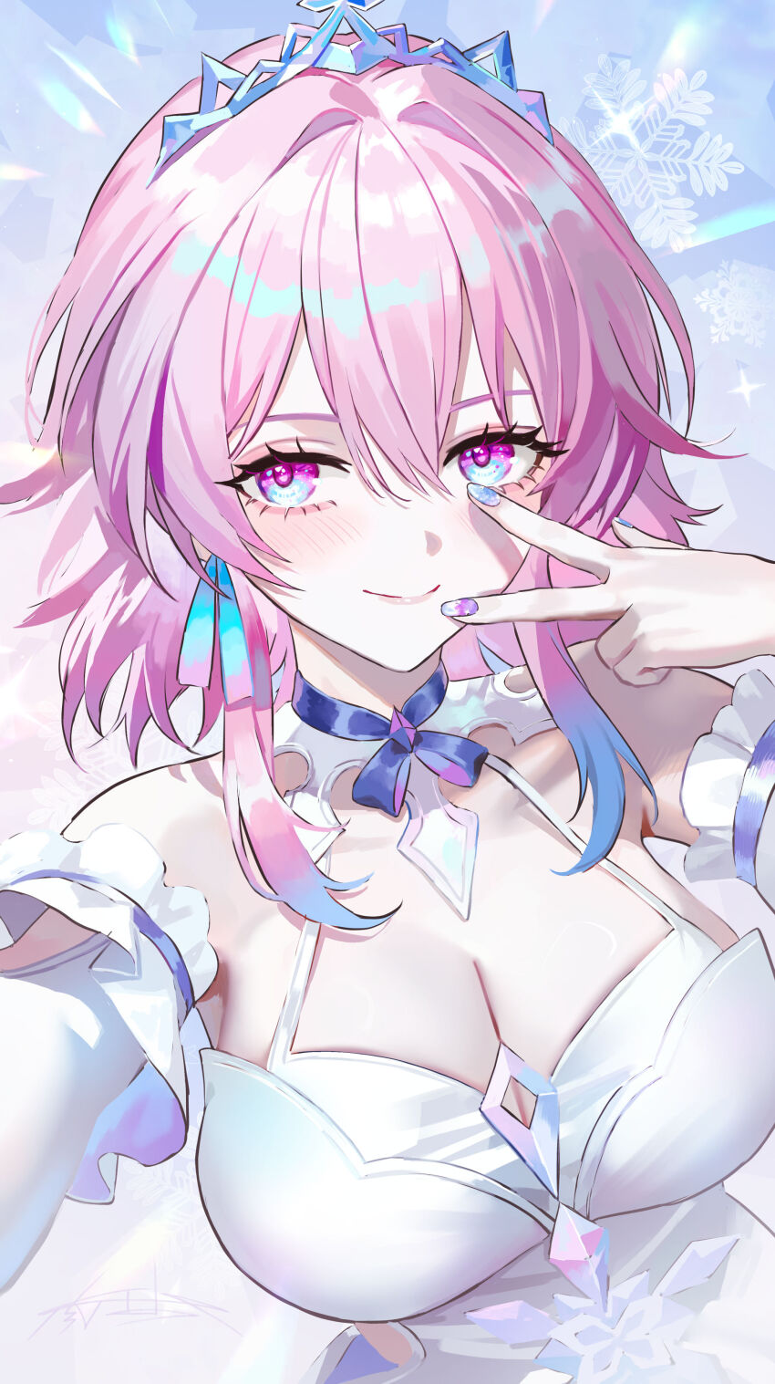 1girl absurdres aqua_ribbon blue_background blue_eyes blue_nails blue_ribbon blue_tiara blush breasts cleavage closed_mouth detached_sleeves dress fingernails gradient_ribbon hair_between_eyes highres honkai:_star_rail honkai_(series) large_breasts looking_at_viewer march_7th_(honkai:_star_rail) march_7th_(nascent_spring)_(honkai:_star_rail) maria_(maria_rose) medium_hair multicolored_eyes nail_polish neck_ribbon pink_eyes pink_hair pink_lips pink_nails pink_ribbon ribbon ribbon_earrings smile snowflakes solo tiara two-tone_eyes two-tone_nails v white_dress white_sleeves
