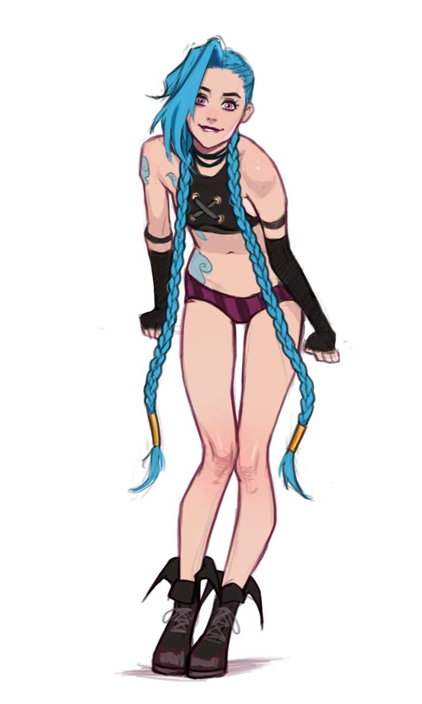 1girl arcane:_league_of_legends arcane_jinx arm_tattoo asymmetrical_bangs bare_shoulders black_gloves braid cloud_tattoo elbow_gloves fingerless_gloves full_body gloves green_hair highres jinx_(league_of_legends) league_of_legends long_hair looking_at_viewer navel olena_minko panties pink_panties red_panties shoes standing stomach striped_clothes striped_panties tattoo twin_braids twintails underwear