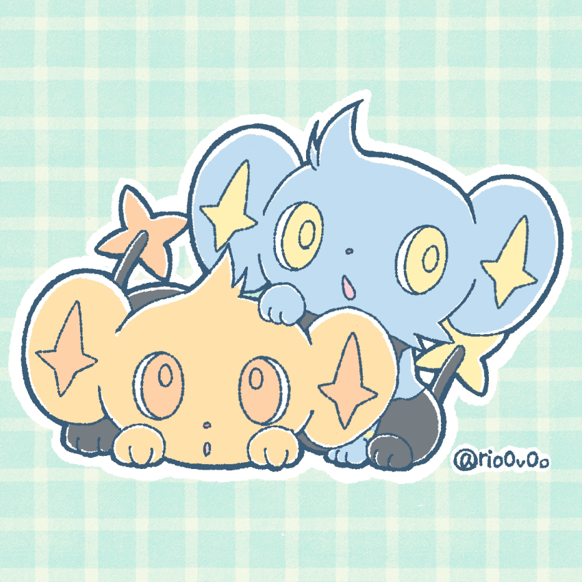 alternate_color animal_focus blue_background full_body gen_4_pokemon highres looking_at_viewer nintendo no_humans open_mouth orange_eyes plaid_background pokemon pokemon_(creature) rio_(rio0v0o) shinx shiny_and_normal shiny_pokemon twitter_username yellow_eyes